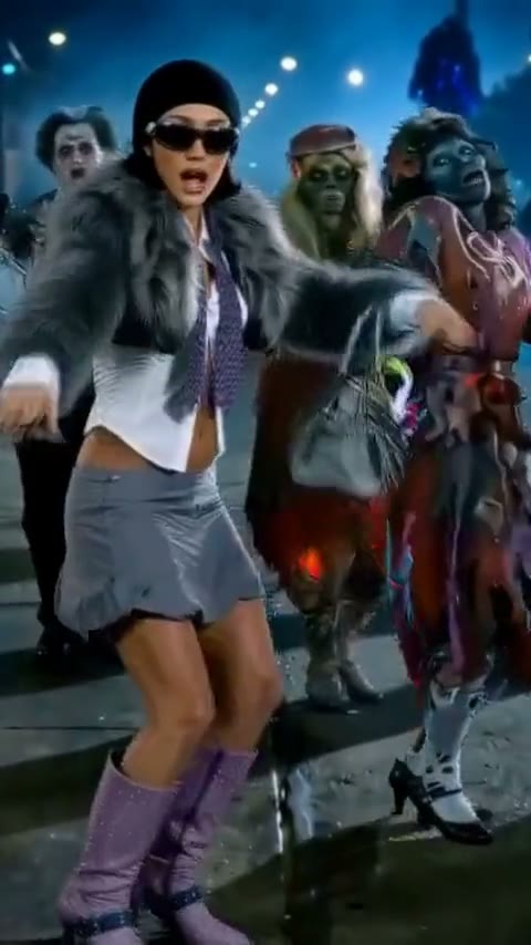 Sample 3: a woman in a fur coat and purple boots leads the zombie dance